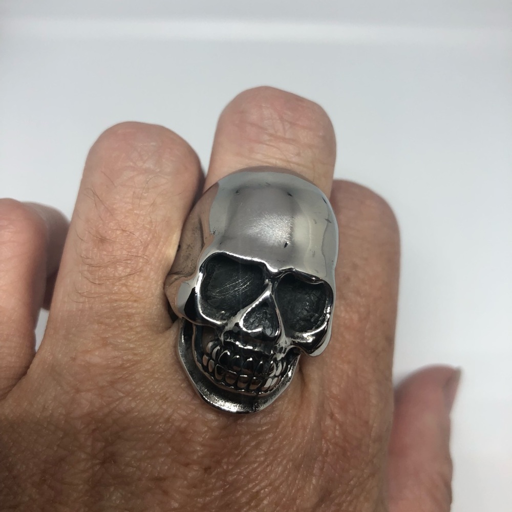 Vintage Silver Stainless Steel Skull Biker Ring